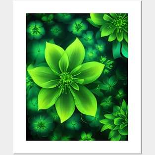 Glowing Green Flower pattern Posters and Art